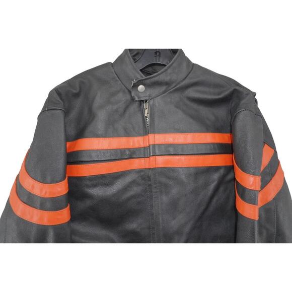 Vintage Leather Café Racer Jacket M–Orange Racing Stripe Moto Biker Heavyweight - Picture 4 of 12